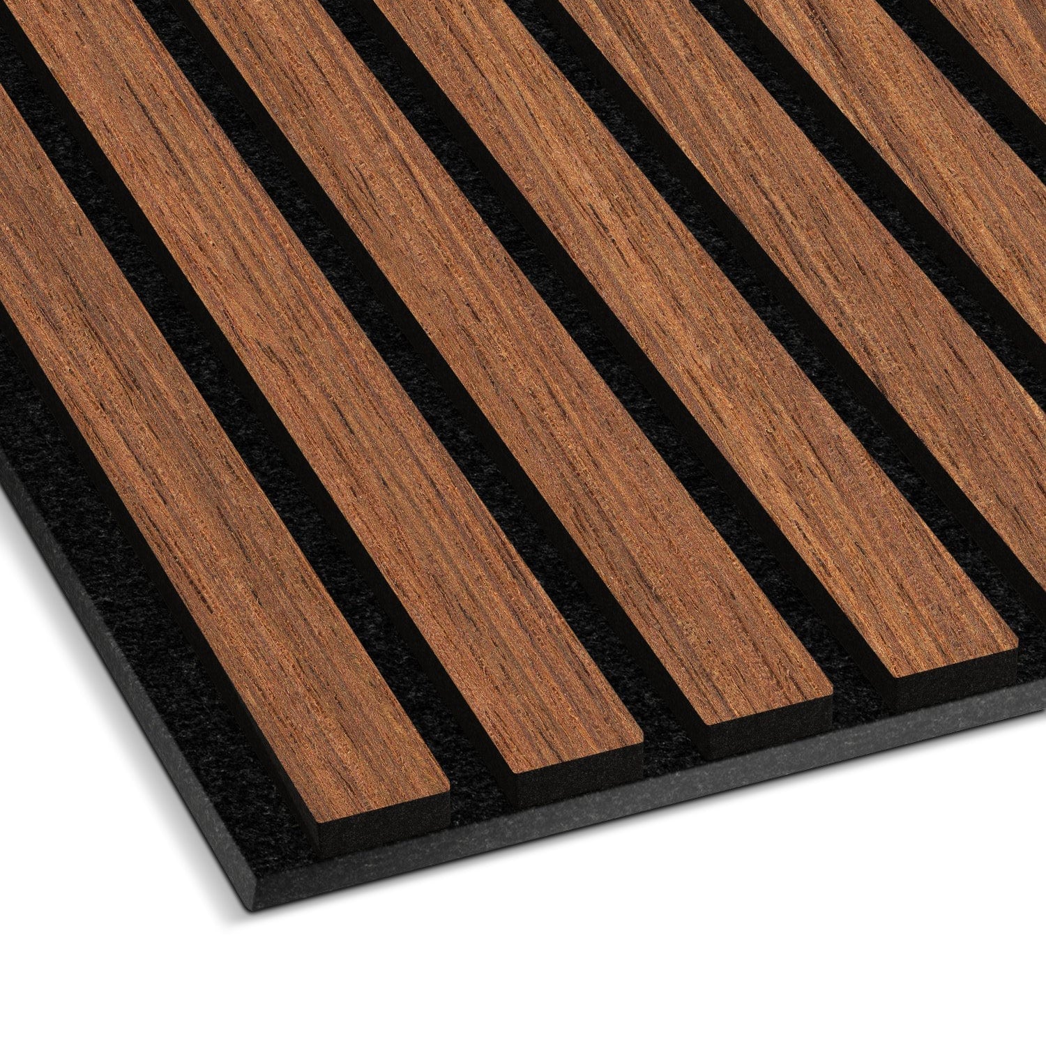 Close-up of Landmark Decors Light Walnut Acoustic Slat Wall Panel, featuring parallel brown slats on black. Crafted from real wood with a natural grain, it offers aesthetic appeal and improved soundproofing for superior interior design.